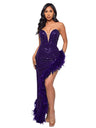 Deep V-neck Sheer Mesh Strapless Backless Sequined Feather Mini Dress