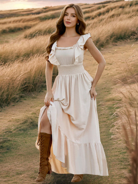 Ruffle Off-shoulder Neckline Waist Shaping Vacation Style Maxi Dresses