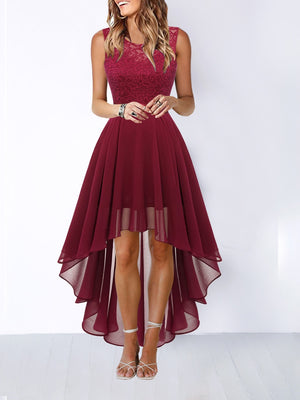 Lace Stitching Irregular Hem Waist Maxi Dresses