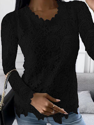 Lace Rose Openwork Round Neck Long Sleeve T-shirts