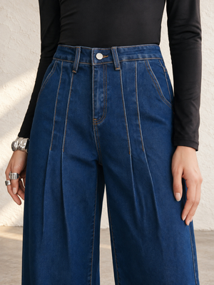 Women's Dark Washed High-Waisted Pleated Wide-Leg Jeans For Autumn/Winter