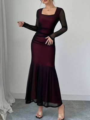 Burgundy Sheer Long-sleeved Square-neck Fitted Long Dress