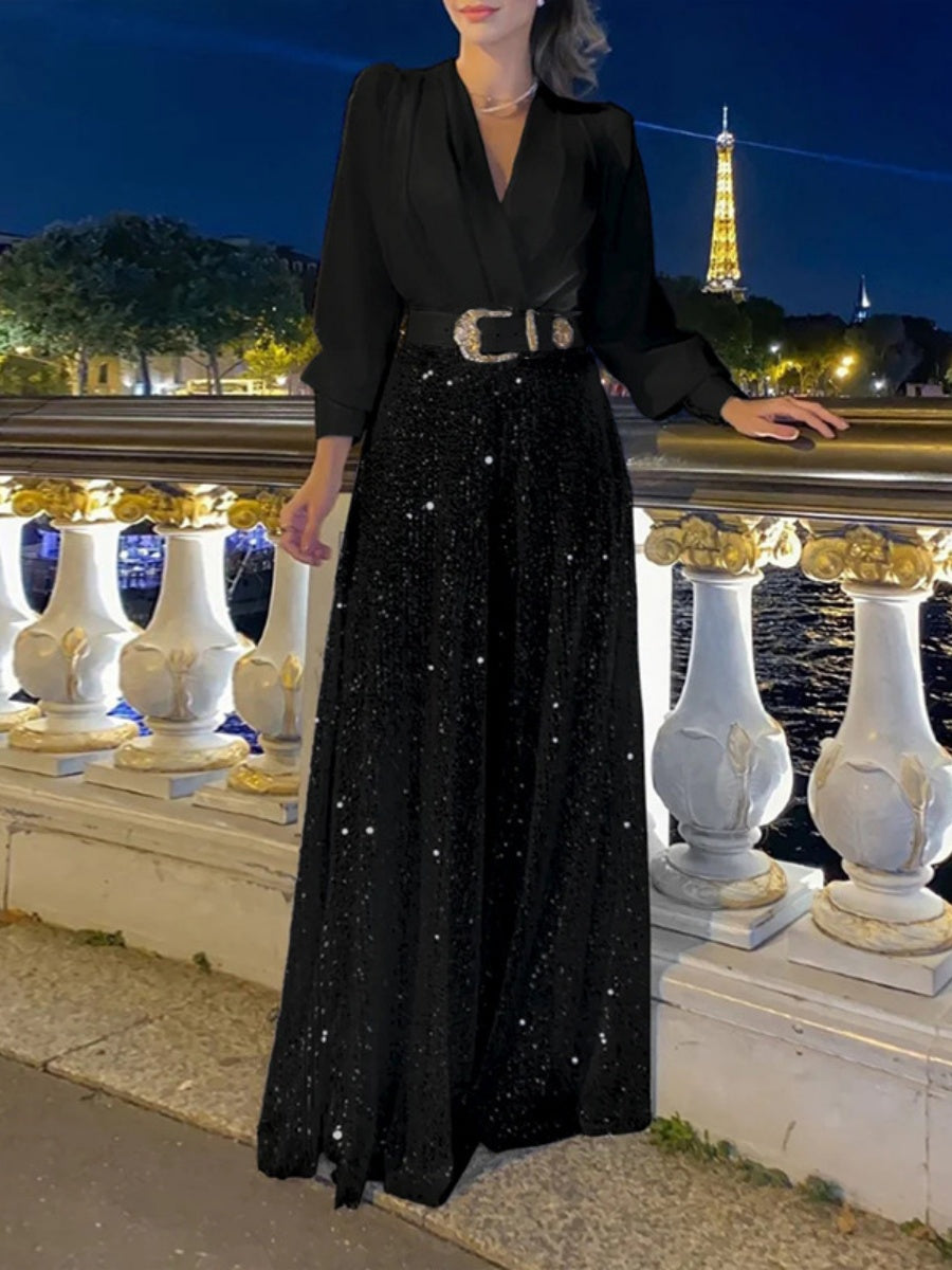 V-neck Long Sleeve Grace Waist Slimming Sequins With Belt Bodysuit