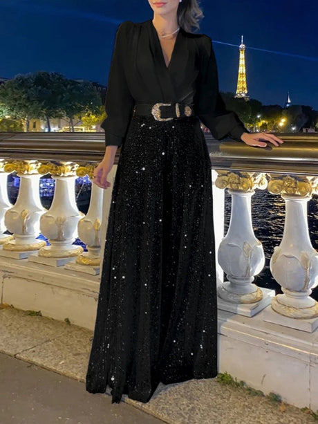 V-neck Long Sleeve Grace Waist Slimming Sequins With Belt Bodysuit