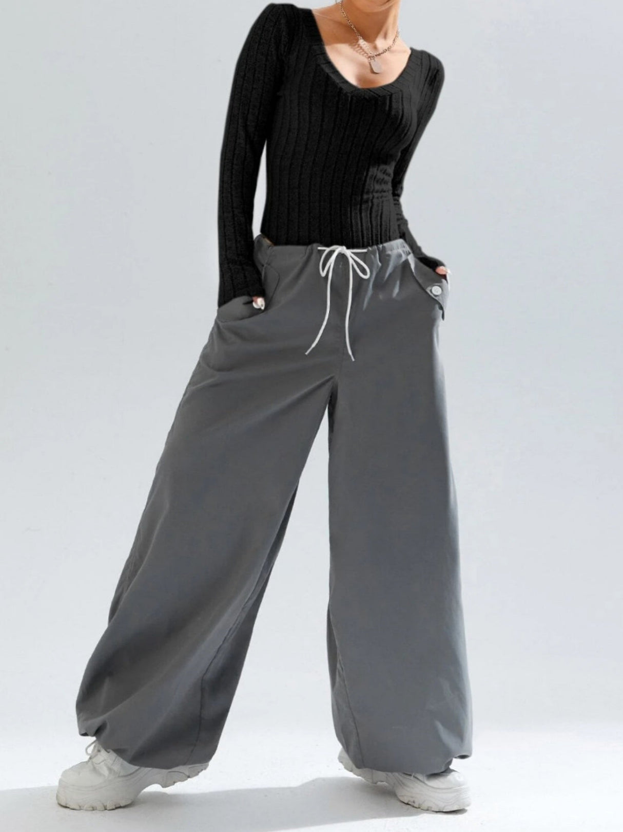 V-neck Long-sleeved Knitted Brushed Ribbed Bodysuit Top