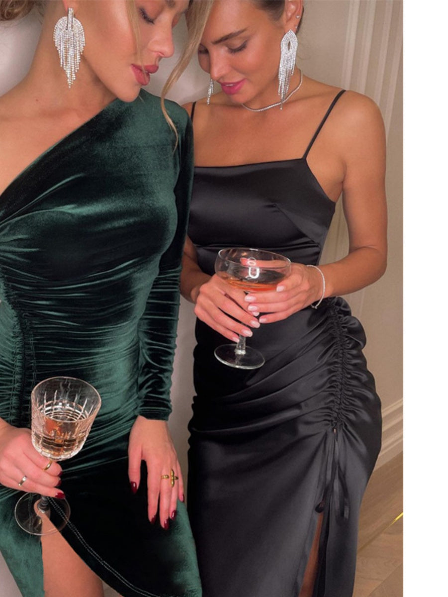 Oblique Shoulder Style Slit Tight Fit Cocktail Midi Dress