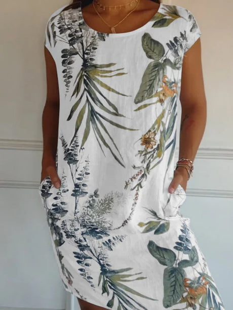 Printed Cotton And Linen Pocket Crew Neck Short Sleeve Mini&Short Dresses