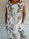 Printed Cotton And Linen Pocket Crew Neck Short Sleeve Mini&Short Dresses