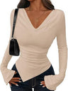 V-neck Asymmetrical Hem Slim Fit Slimming Stack Collar Basic T-shirts
