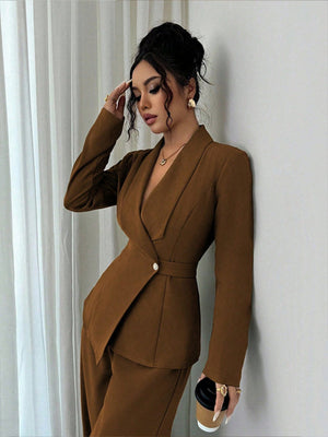 Long Sleeve Single Buckle Blazers Straight-leg Pants 2-piece Sets