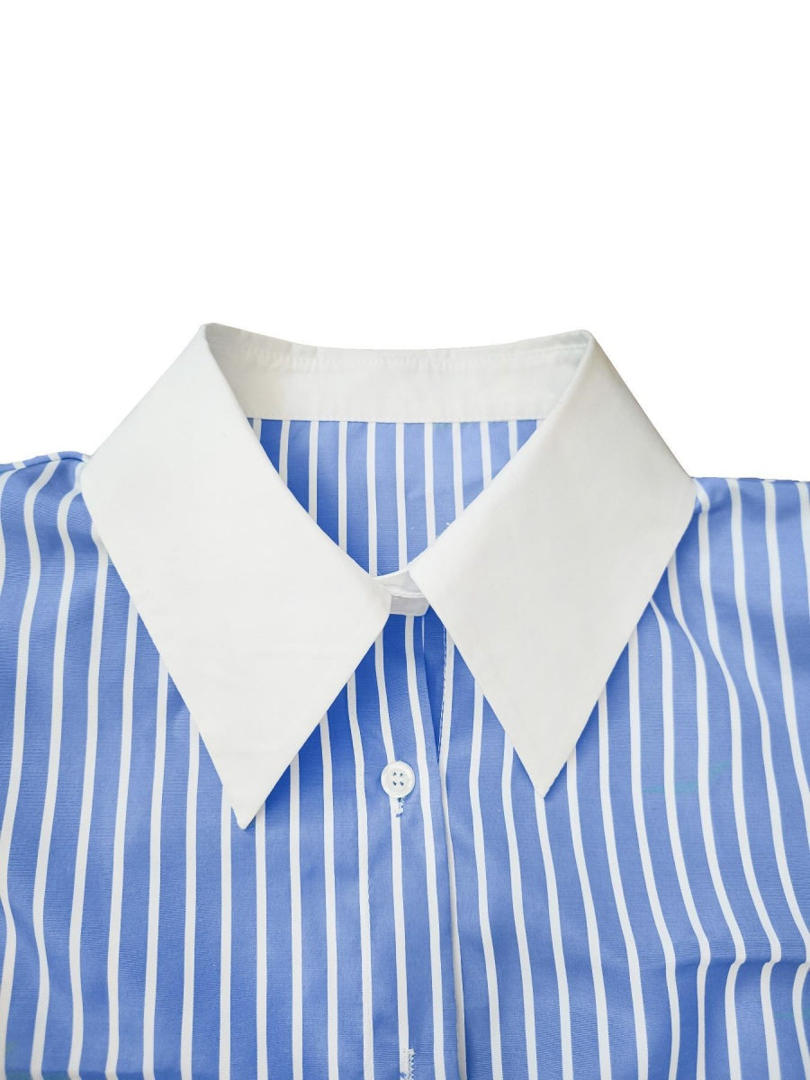 Stripes Loose-fit Lapel Color-blocked Commuting Shirts