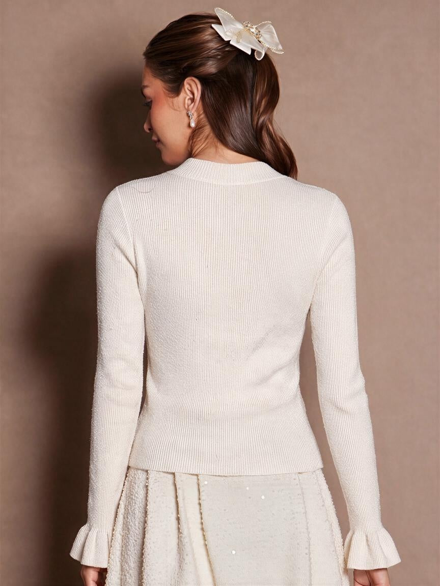 Half-open Metal Button Pocket Ruffle Sleeve Pullover Sweater