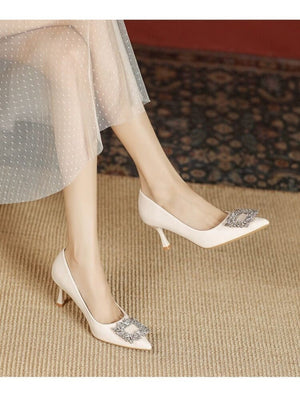 Liber Spring and Autumn Rhinestone Square Buckle Women's High Heels