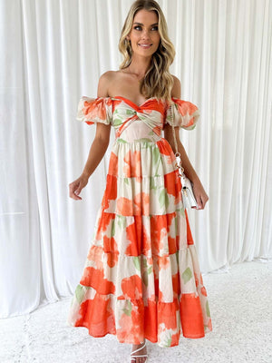 Printed Puff Sleeve Sweetheart Collar Vacation Maxi Dresses