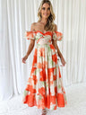 Printed Puff Sleeve Sweetheart Collar Vacation Maxi Dresses
