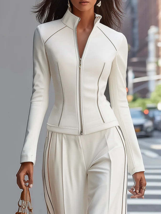 White Solid Color Rayon Slim Fit Casual Sports Long-sleeved Two-piece Set