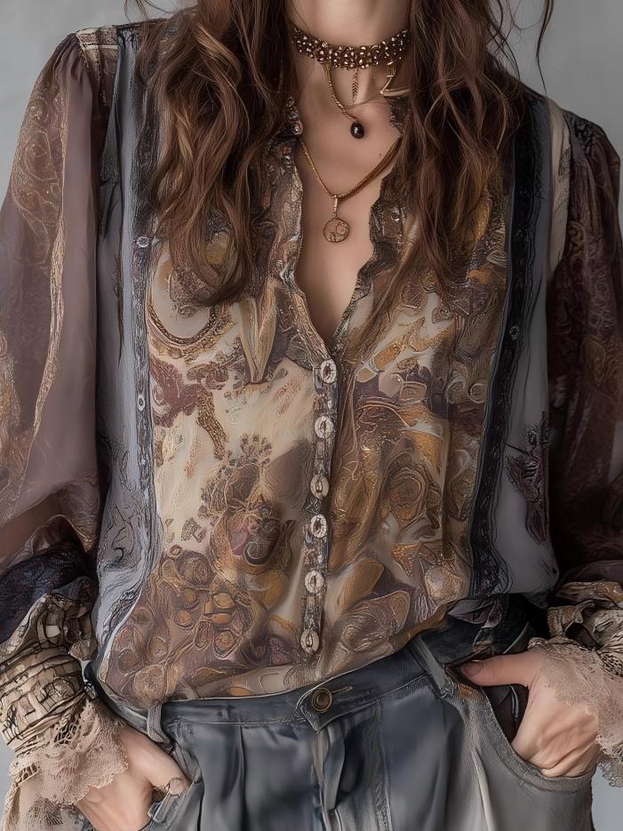 Lace-trimmed Casual Long-sleeved Ramie Shirt