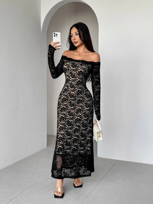 Off-the-shoulder Lace Long Sleeves Off Shoulder Slim And Sexy Grace Dinner Party Long Dress