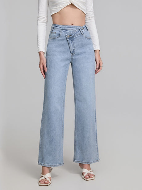 Women's Light-colored Washed Asymmetrical Wide-leg Jeans For Autumn And Winter