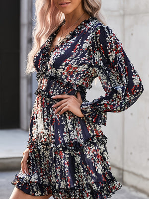 Floral Lace Deep V-neck Waist Puff Sleeve Sweet Mini&Short Dresses