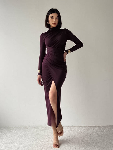 High Collar Black High Slit Evening Long Dress