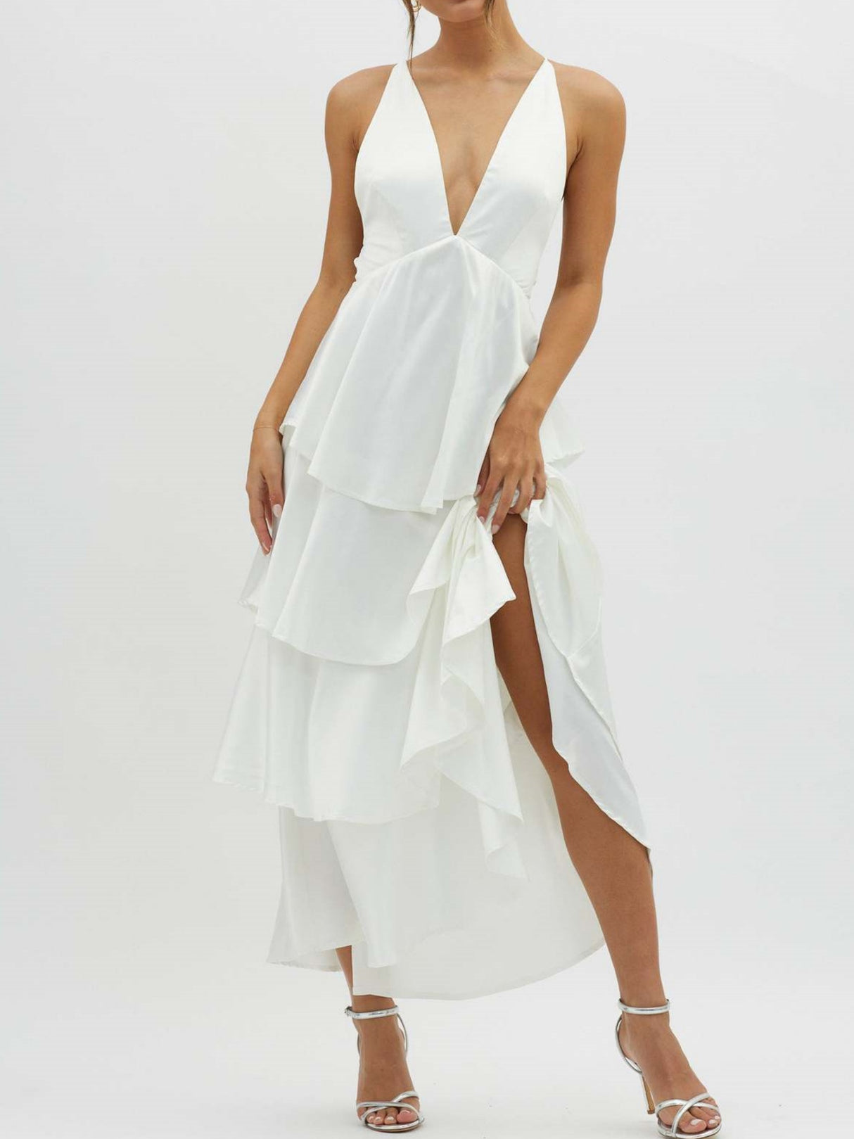Ruffled Splicing Satin V-neck Tank Top Maxi Dresses