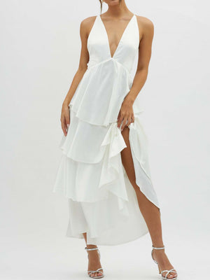 Ruffled Splicing Satin V-neck Tank Top Maxi Dresses