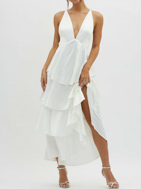 Ruffled Splicing Satin V-neck Tank Top Maxi Dresses