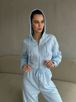 Liber Autumn women's clothing Drawstring Hooded Zippered solid color long-sleeved cardigan two-piece set