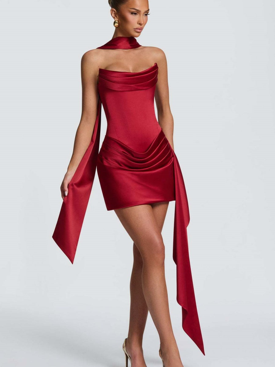 Satin Halter Tube Top Fish Bones Ribbon Formal Dress Mini&Short Dresses