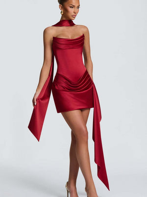 Satin Halter Tube Top Fish Bones Ribbon Formal Dress Mini&Short Dresses