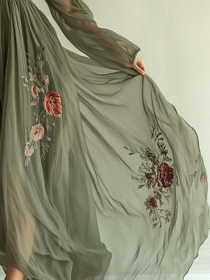 Floral Digital Positioning Printing Long-sleeved V-neck Long Dress
