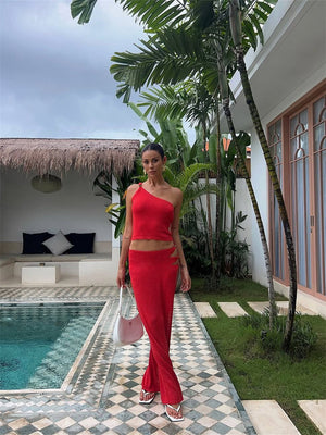Liber Summer Women's Navel Solid Color 2-piece Sets