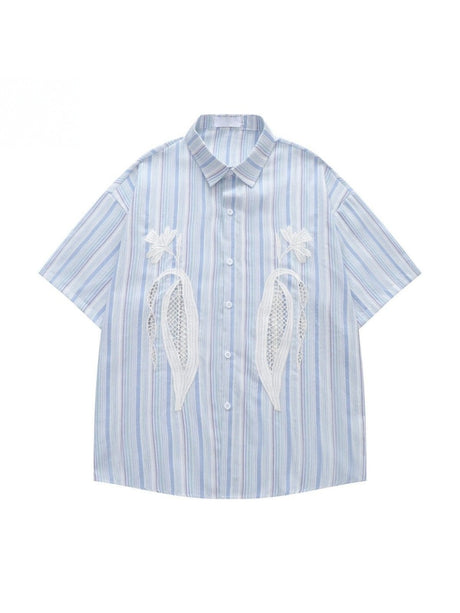 Pink Stripes Vibe Embroidery Hollow Out Shirts