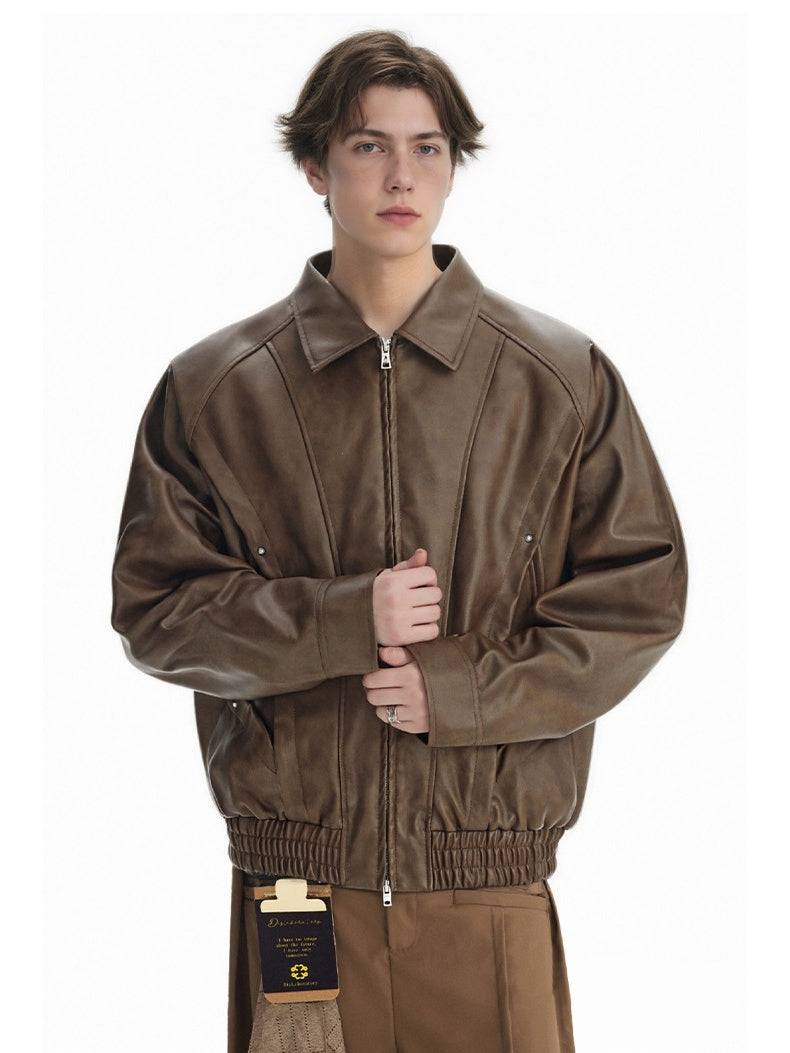 Retro Locomotive Cleanfit Deconstruction Splicing Leather Jacket