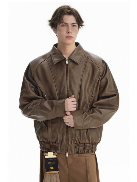 Retro Locomotive Cleanfit Deconstruction Splicing Leather Jacket