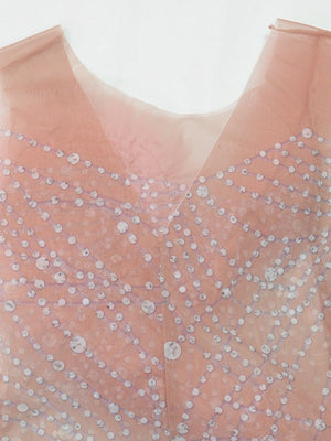 Robe de soirée maxi moulante à dos nu transparent ornée de strass scintillants et de fleurs 3D, col rond.