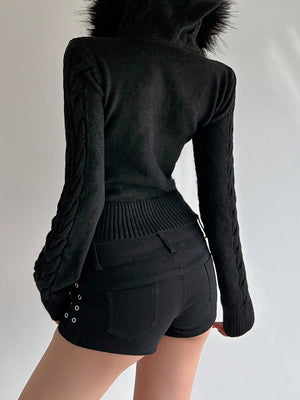 Plush Patchwork Hoodies Zipper Cable Knit Sweater Cardigans