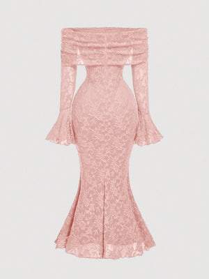 Lace Bow-embellished Off-shoulder Long-sleeved Dress