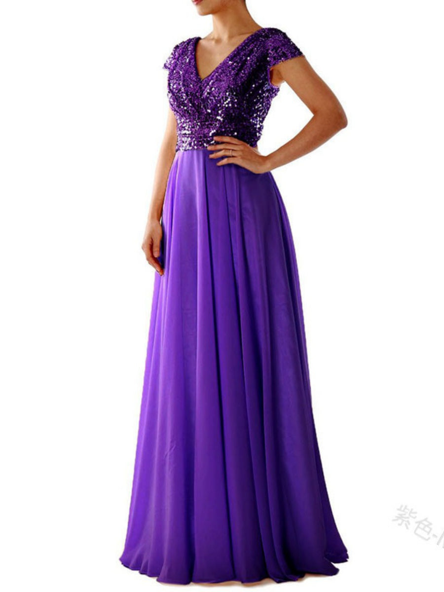 V-neck Sequins Chiffon Splicing Evening Gown Maxi Dresses