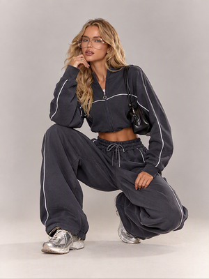 Stand-up Collar Zipper Long-sleeved Wide-leg Pants Two-piece Set
