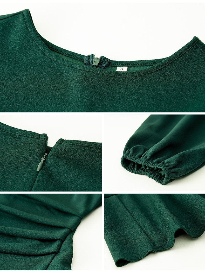 Christmas Puff Sleeve Ruffle Pure Color Mini&Short Dresses