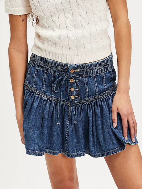 Denim Button Tie High-waisted A-line Pleated Skirt