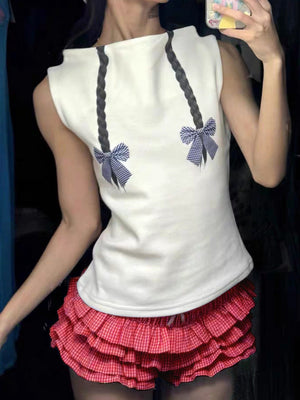 Y2K Checkered With Bow Multi-layered Wavy Lace Sweet Shorts