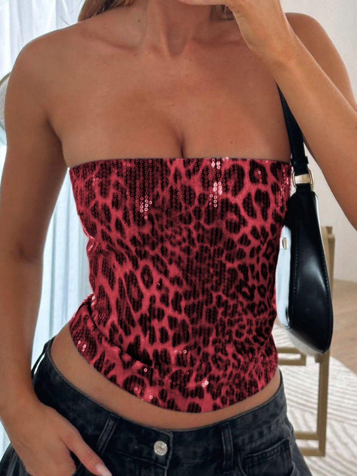 Leopard Print Sequins Stretch Strapless Vest
