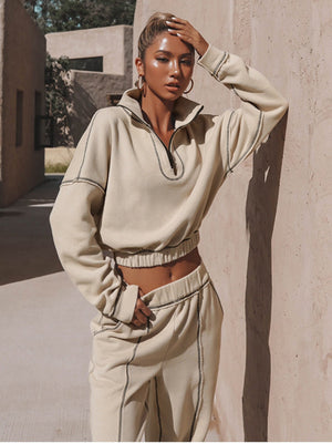 Liber Autumn women's solid color zipper pullover Long sleeve two piece sweatshirt
