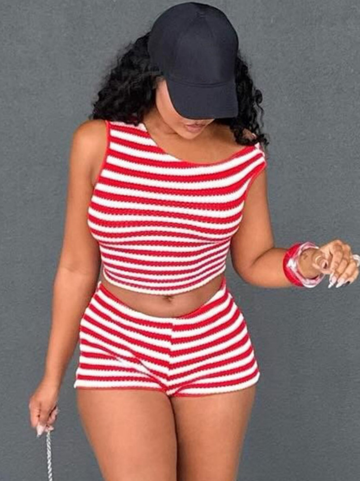 Striped Color Blocking Tank Top And Shorts 2-piece Sets