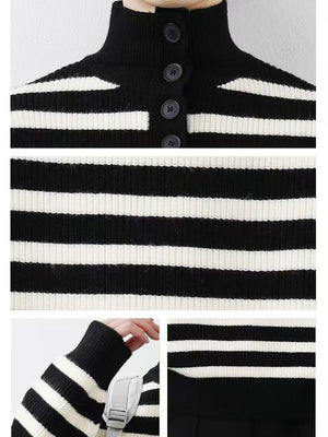 Contrasting Colors Stripes Thickening Red Turtleneck Sweater