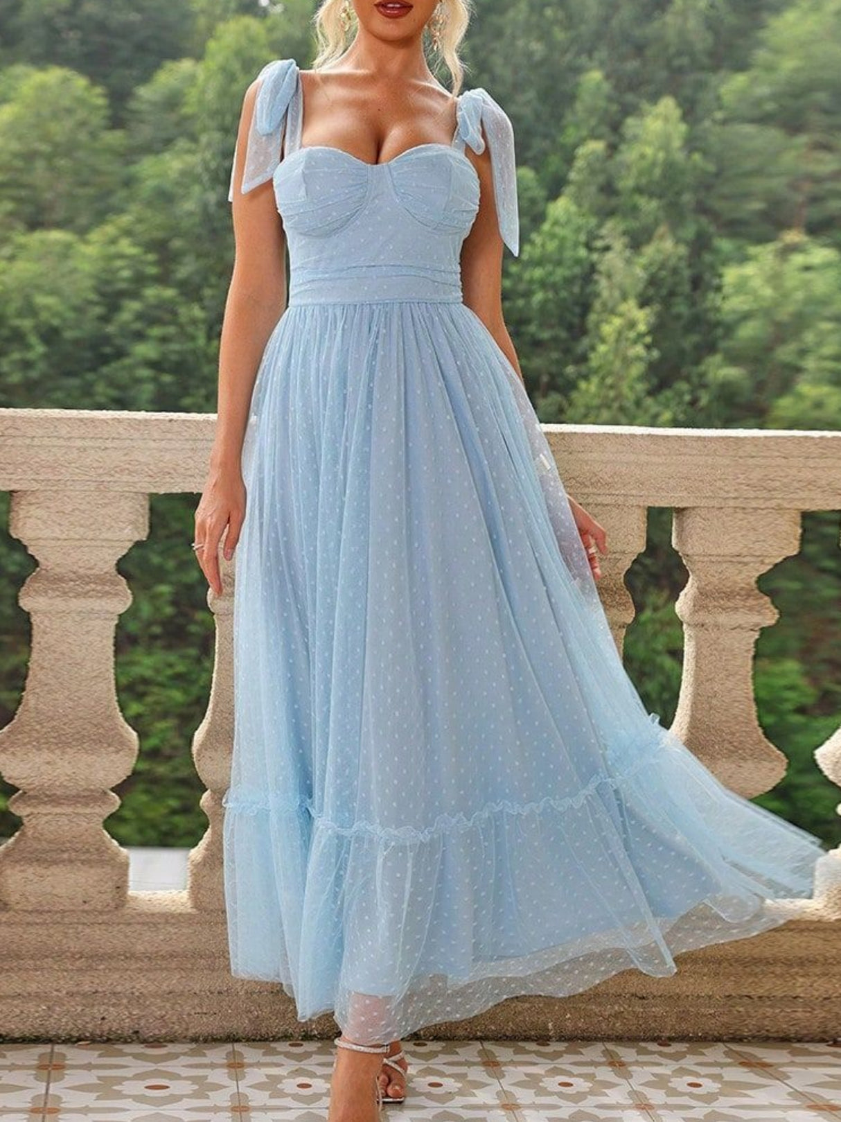 Polka Dots Strapless Shoulder Strap Mesh Splicing Sweet Maxi Dresses