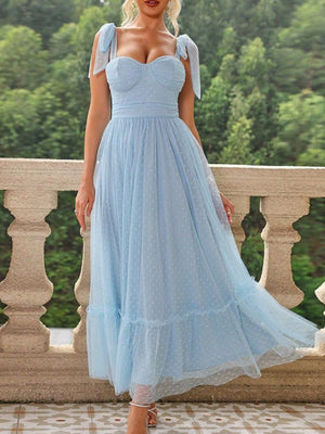 Polka Dots Strapless Shoulder Strap Mesh Splicing Sweet Maxi Dresses